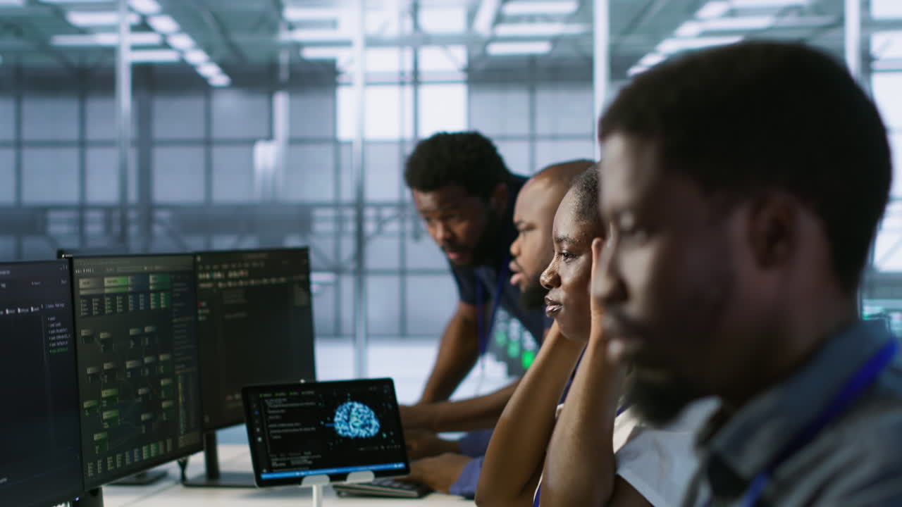 equipo diverso en la sala de control técnico