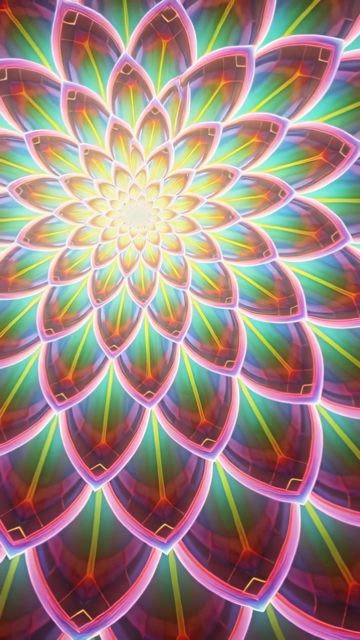 Video verticale: Animazione che inizia, mandala che si sposta al centro sul telefono, rivelando un motivo.
