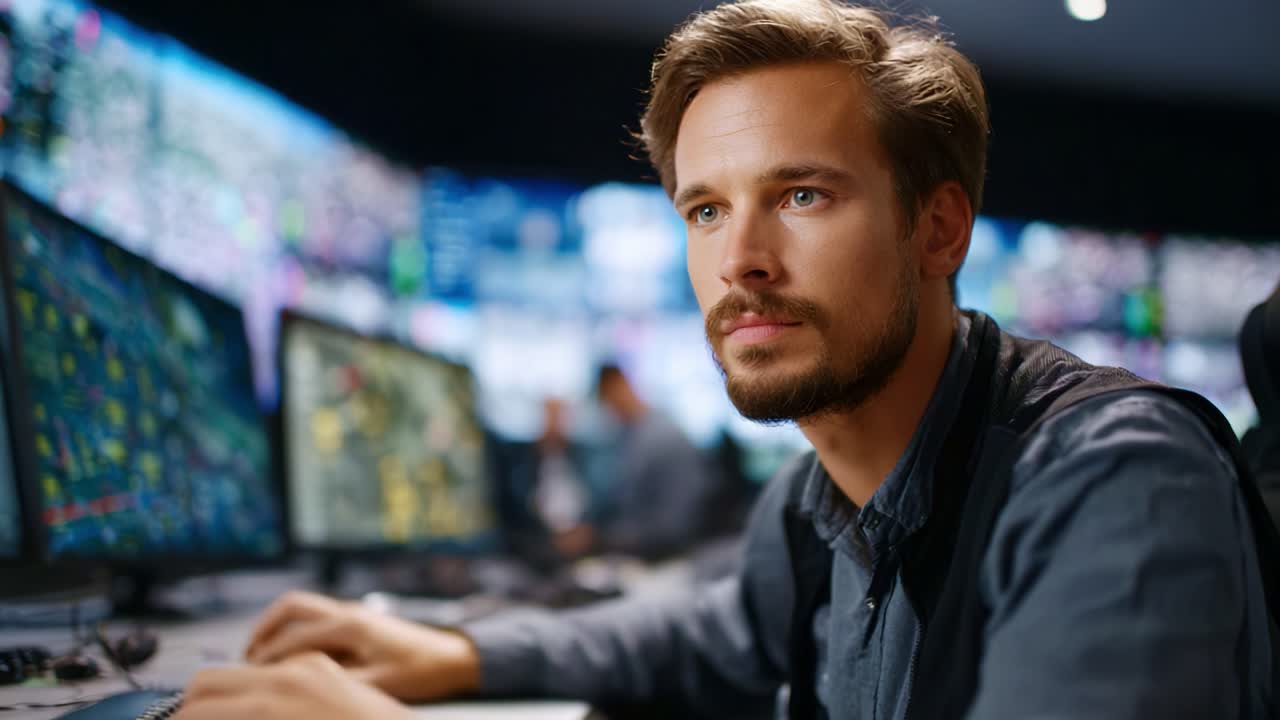 Konzentrierte/r AnalystIn im Kontrollraum, der/die Daten auf mehreren Bildschirmen in einer Hightech-Umgebung mit dynamischen Bildern und KollegInnen im Hintergrund überwacht