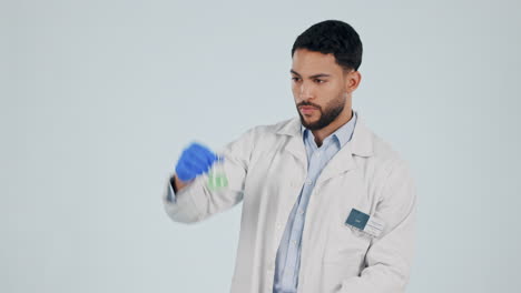 ciencia, pulgares hacia arriba y química con el hombre
