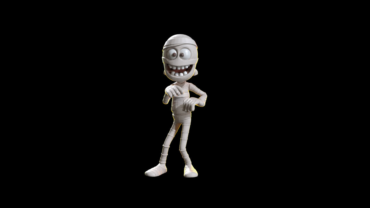 Divertido personaje de momia de caricatura en 3D gesticulando sobre fondo negro