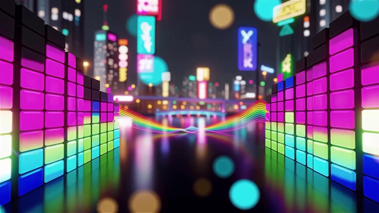 Fundo Futurista com Visualizador de Equalizador de Música Neon Arco-Íris.