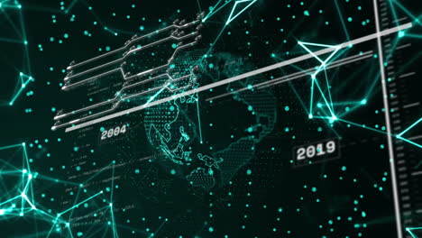 animación del procesamiento de datos a través de la red de conexiones y globo sobre fondo negro