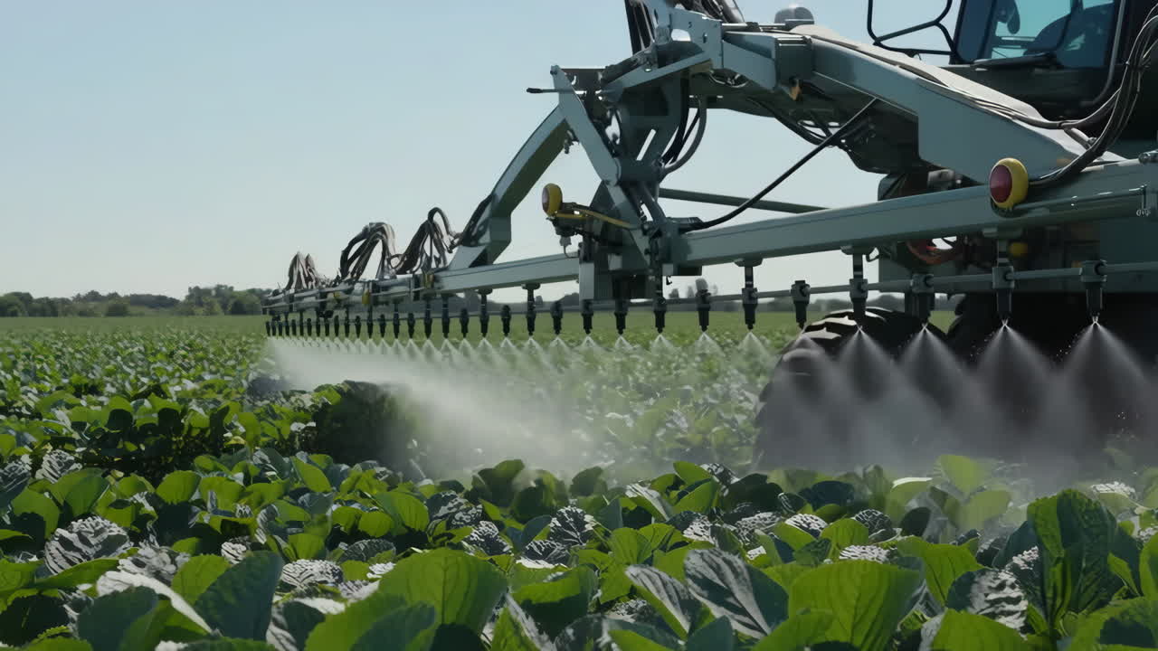 Irroratrice agricola che applica un trattamento alle colture in un campo.