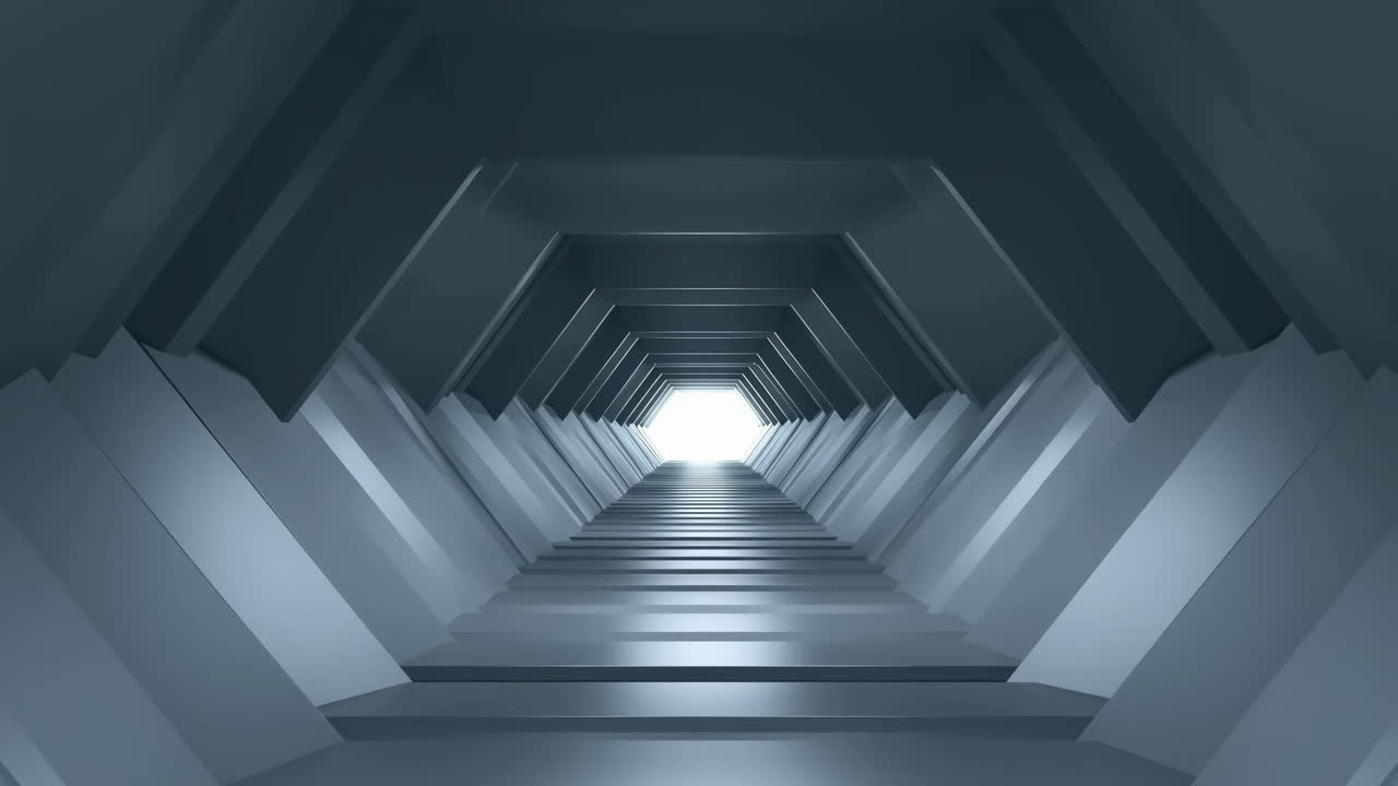 Futuristisk sekskantet tunnel der bevæger sig mod et skarpt lys