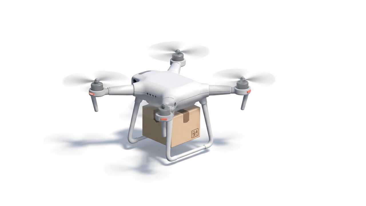 A white drone delivering a cardboard package, showcasing advanced technology in logistics, with propellers spinning, ready for takeoff in a minimalistic setting.