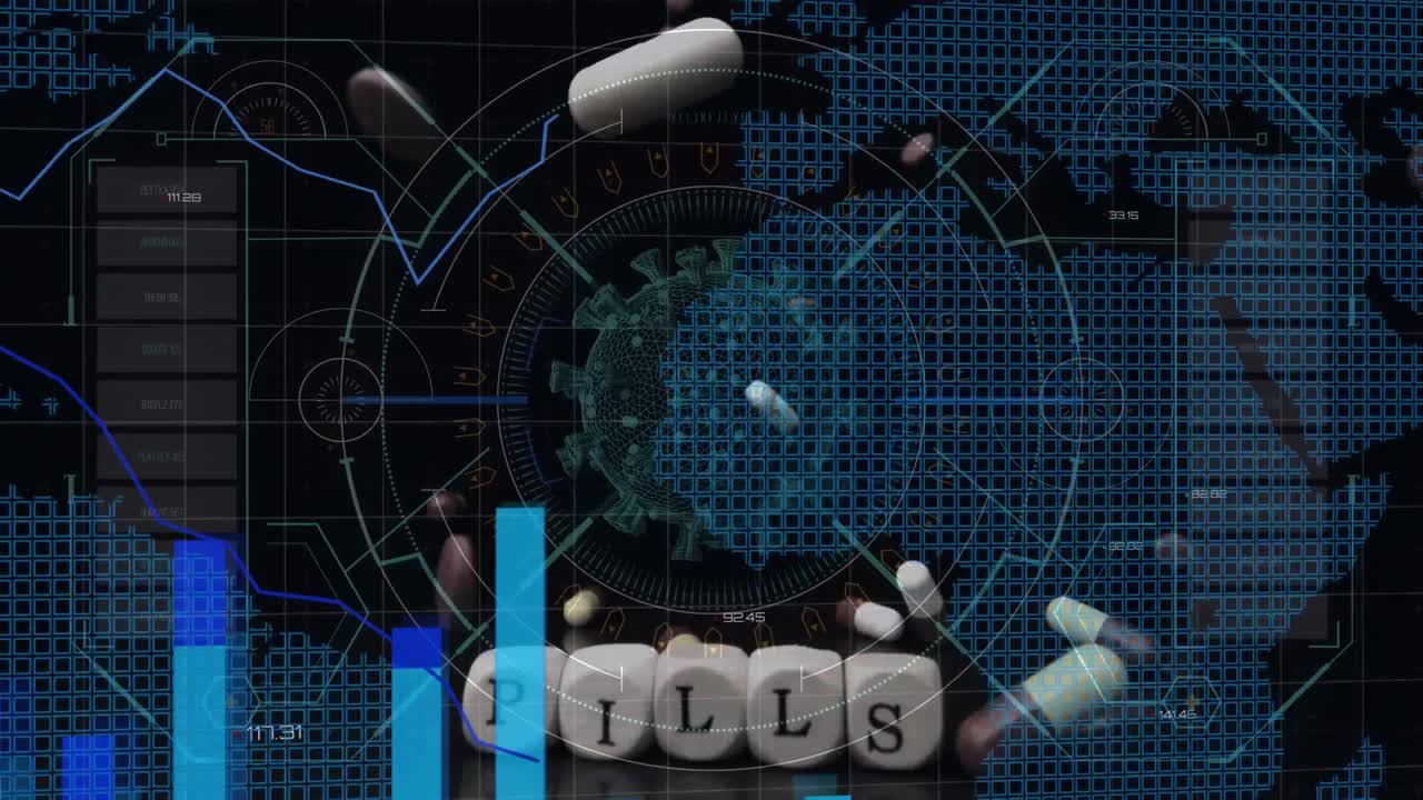 떠다니는 거대 코로나19 세포의 애니메이션, 세계 지도와 떨어지는 알약 위의 다이어그램