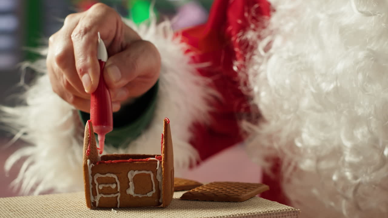 Decorating a Gingerbread House with Santa