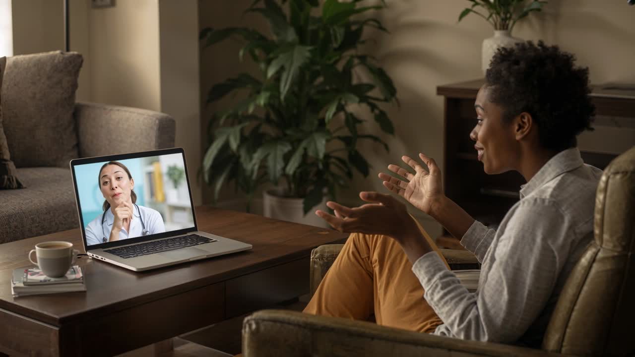 Responding to laptop call woman in light-shirt mustard-pants gesturing for consult in living room