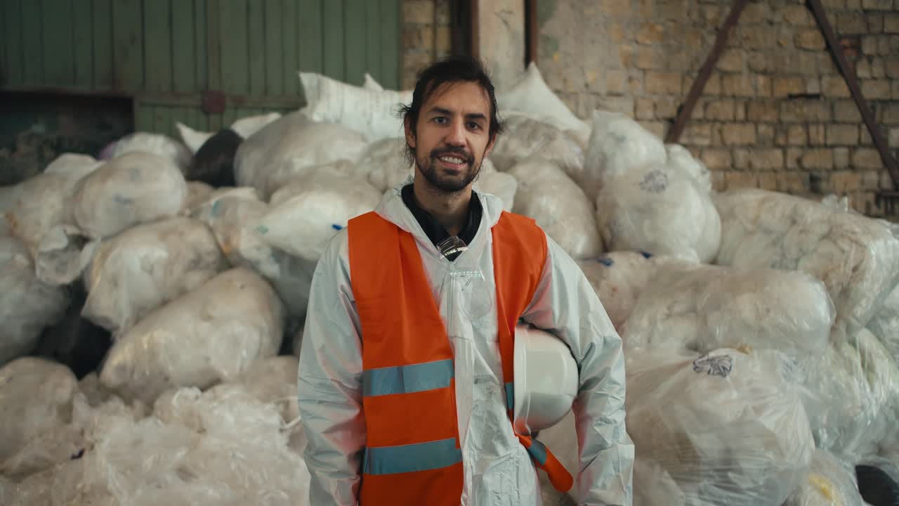 Portrait of a happy and confident brunette man with a beard in a white protective helmet and an orange vest posing against the backdrop of huge piles of recycled and sorted cellophane at a waste processing and sorting plant