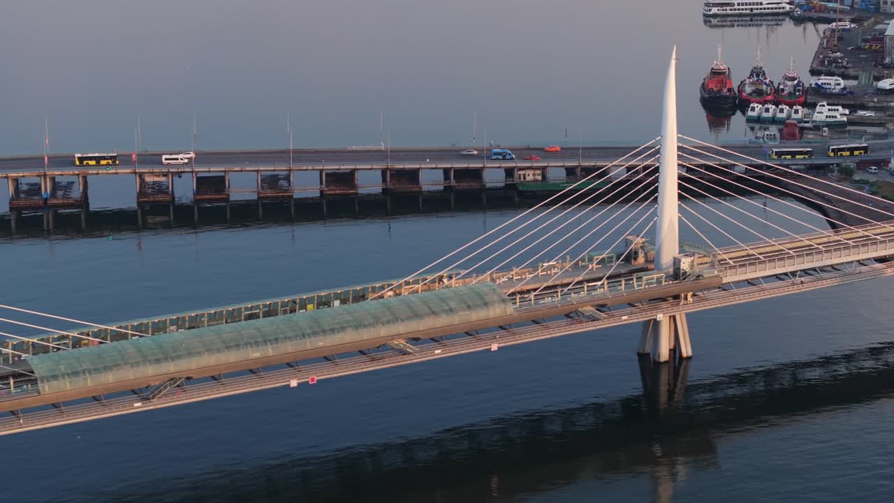 Birds Eye View of Golden Horn Metro Bridge in Istanbul, Turkey. Sunrise Shot