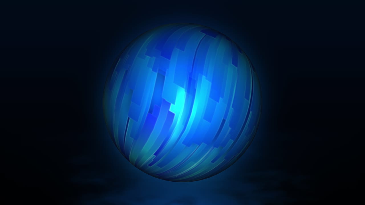 수직으로 움직이는 선으로 텍스처 된 파란색 반이고 회전하는 구의 추상적인 애니메이션