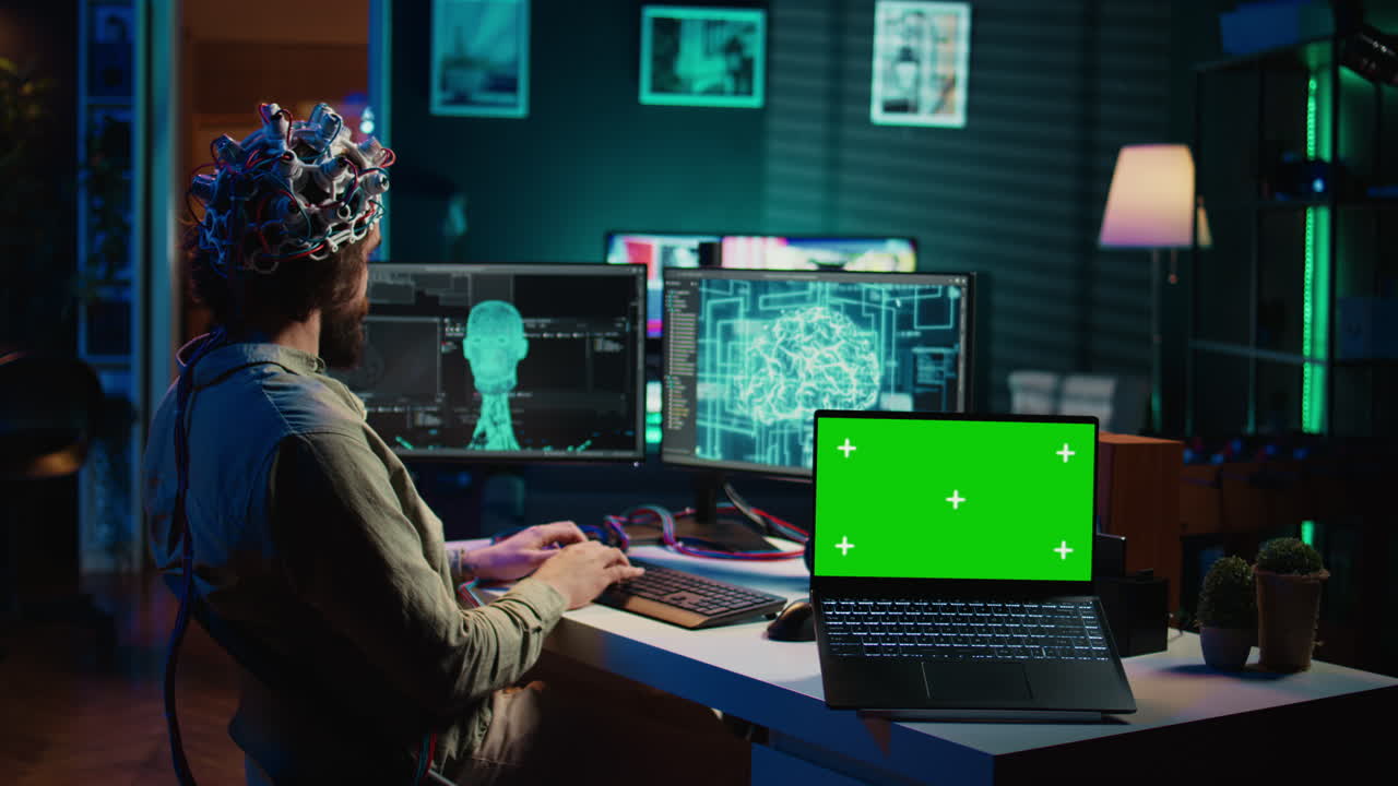 Engineer with EEG headset on merging with AI, green screen laptop