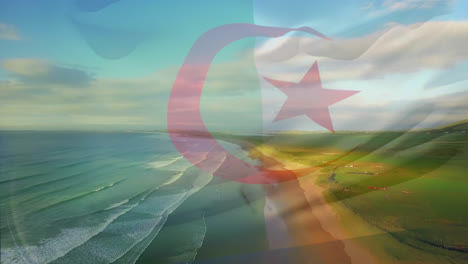 Digitale-Komposition-Der-Schwenkenden-Algerien-Flagge-Vor-Der-Luftaufnahme-Des-Strandes