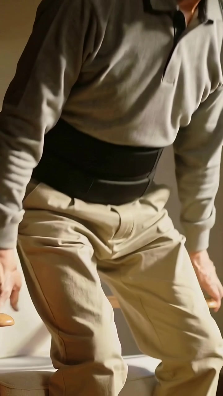 Vertical video: Leaning onto armrests, man pushing up at home in polo and lumbar belt moving right