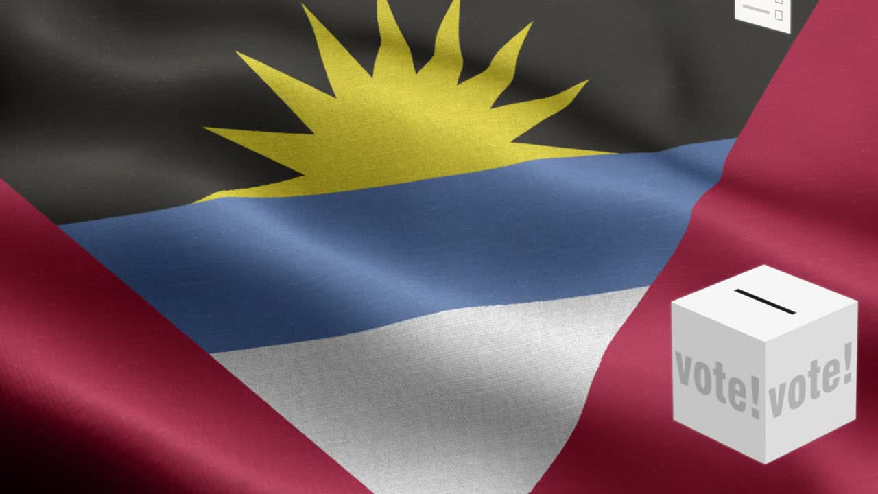 Ballots fly to box for selection - Ballot box in front of flag - Election - Vote - Flag Of Antigua And Barbuda - Antigua And Barbuda Flag High Detail - National flag Antigua And Barbuda wave Pattern loopable Elements - Fabric texture and endless loop