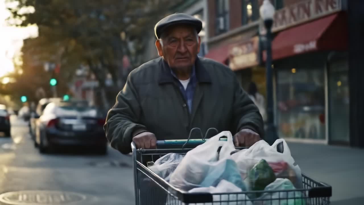 A Determined Elderly Man Navigates His Neighborhood Streets with a Grocery Cart Full of Fresh Produce and Essentials as the Day Begins to Fade