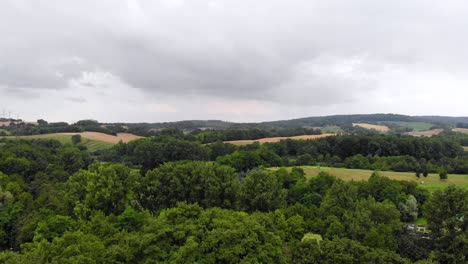 Vuelo-Aéreo-Hacia-Adelante-Desde-El-Bosque-A-Través-Del-Campo-De-Golf,-Alemania