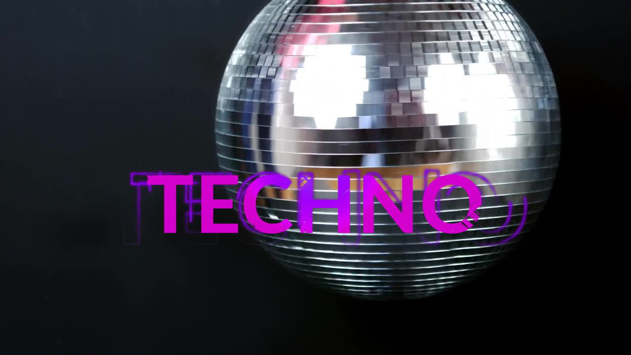 animación de texto techno sobre bola de discoteca sobre fondo negro