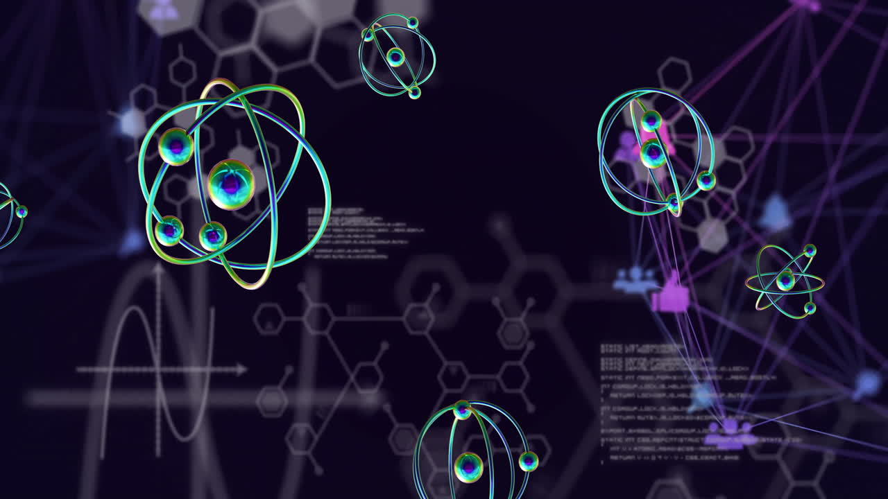어두운 배경에서 원자 및 과학 데이터 처리의 애니메이션