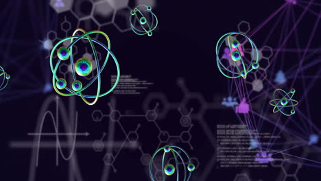 animación de átomos y procesamiento de datos científicos sobre un fondo oscuro