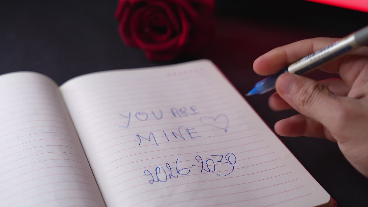 Close-up of hand writing “You Are Mine” love note in a lined notebook with blue pen, soft red lighting, and blurred rose in background
