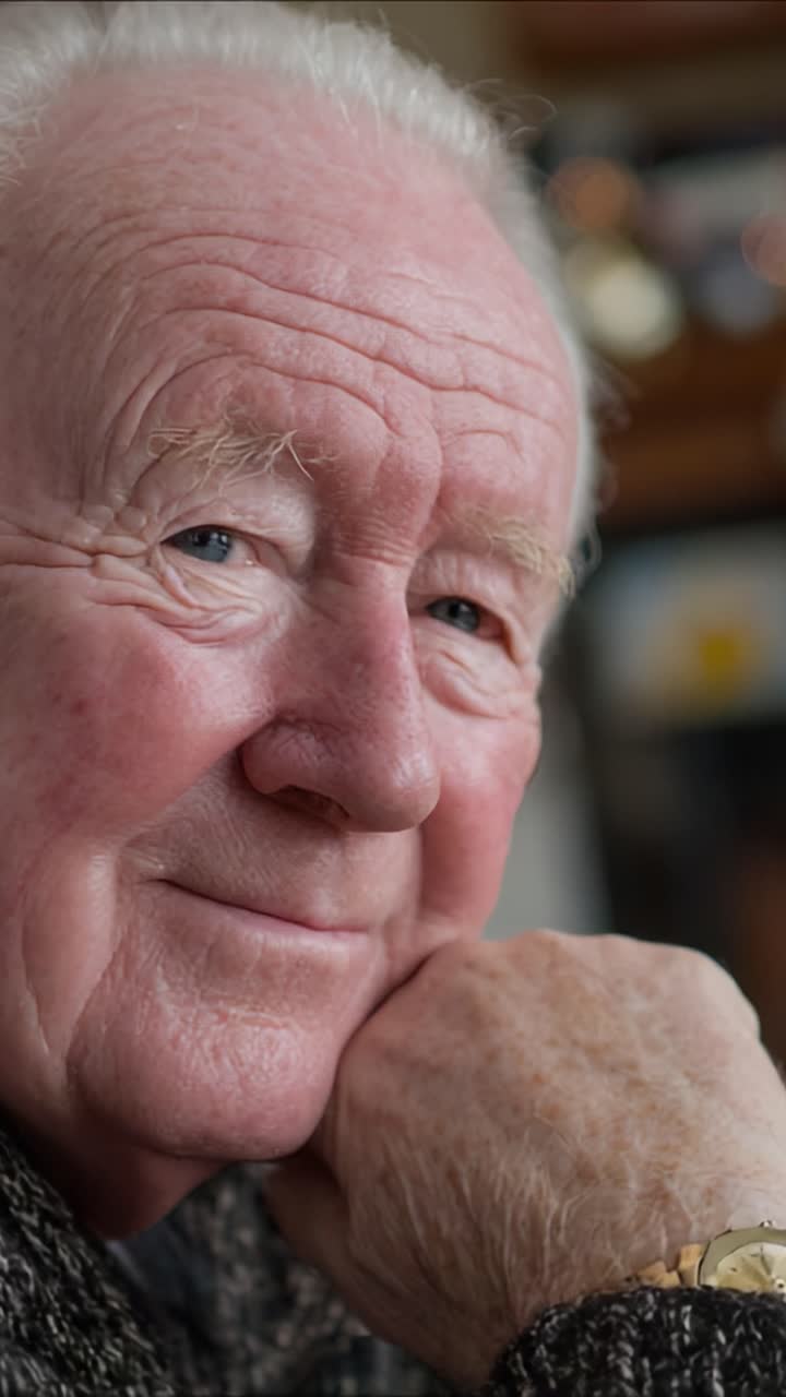 Un retrato conmovedor de un hombre mayor amable, que plasma la sabiduría y la experiencia en su sonrisa, reflejando toda una vida de recuerdos y alegría