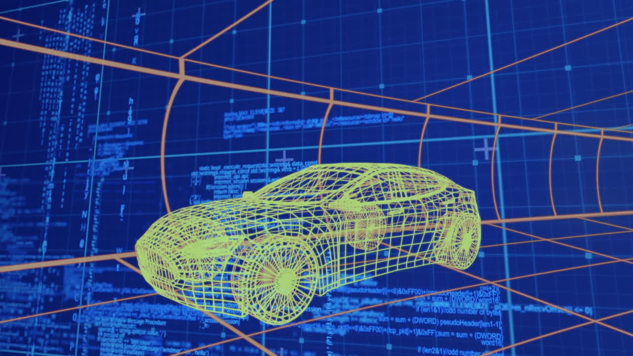 animación de dibujo de coche 3d conduciendo con procesamiento de datos sobre la cuadrícula