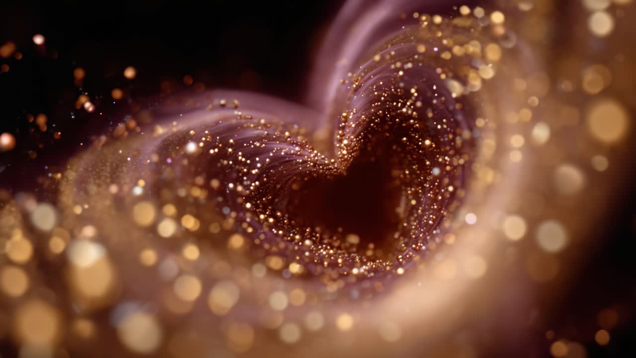 Incantevole cuore cosmico: una spirale ipnotica di particelle dorate e viola scintillanti che turbinano in uno straordinario vortice di incanto e meraviglia dell'universo
