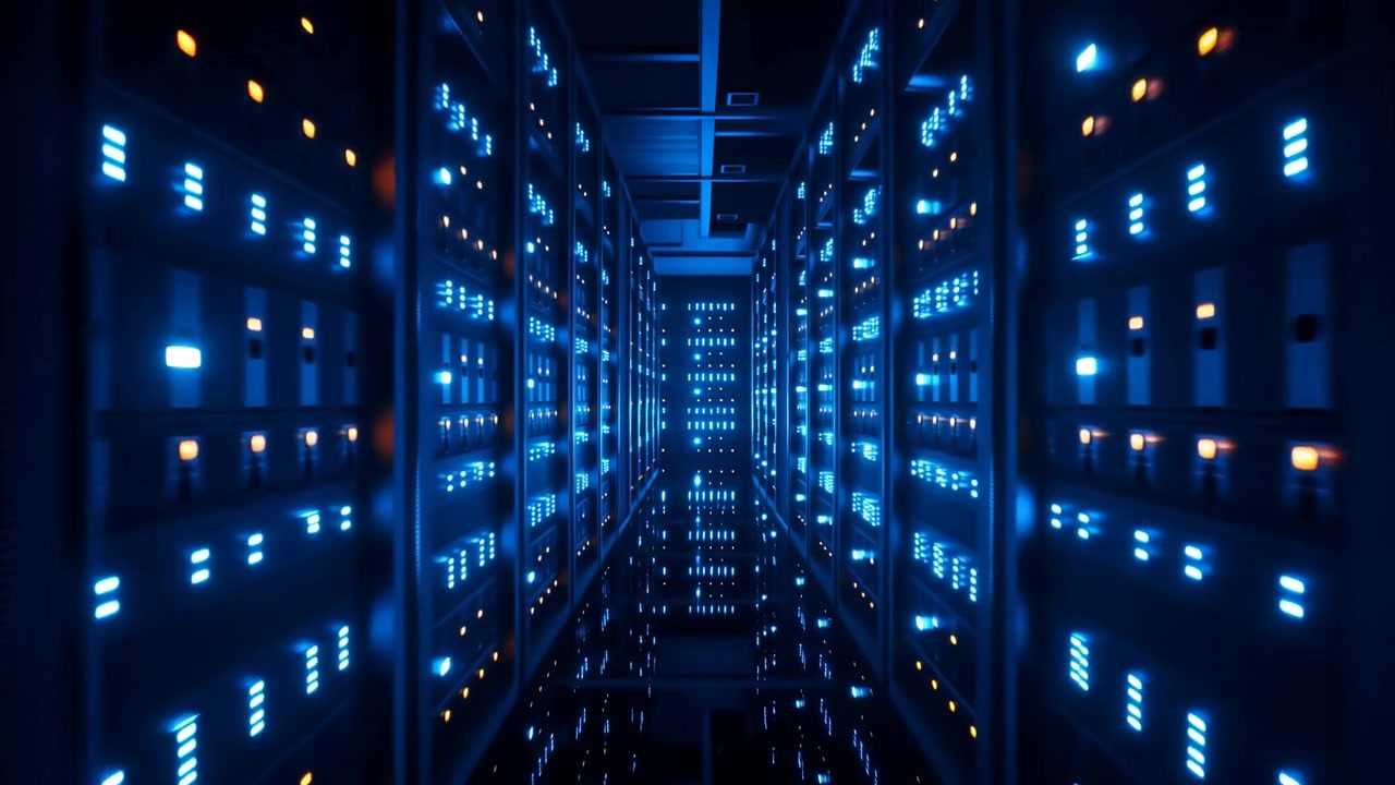 Sentral korridor inne i moderne datasenter som viser parallelle rader med høye serverrack med blå LED-statuslys, gule indikatorer, blanke gulvrefleksjoner, sterk symmetri og rent industrielt