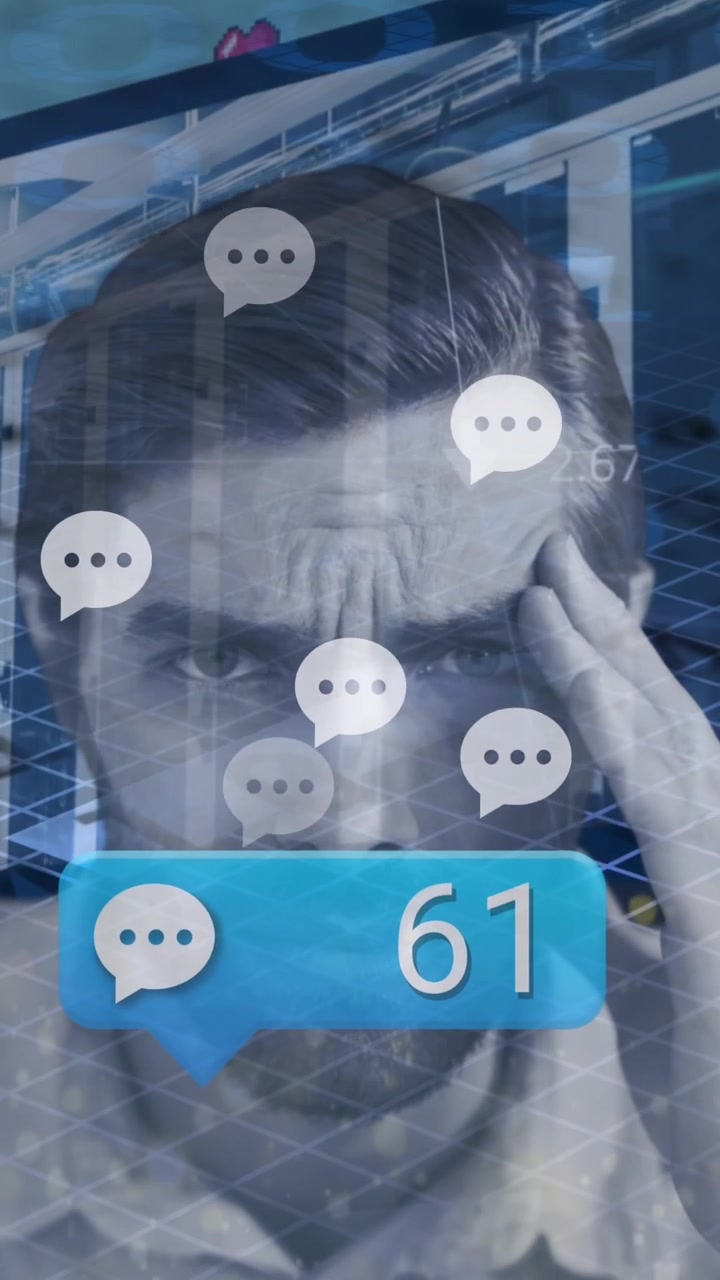 Animazione di un'icona di messaggio con numeri crescenti sovrapposta a un uomo caucasico stressato e all'elaborazione dei dati.