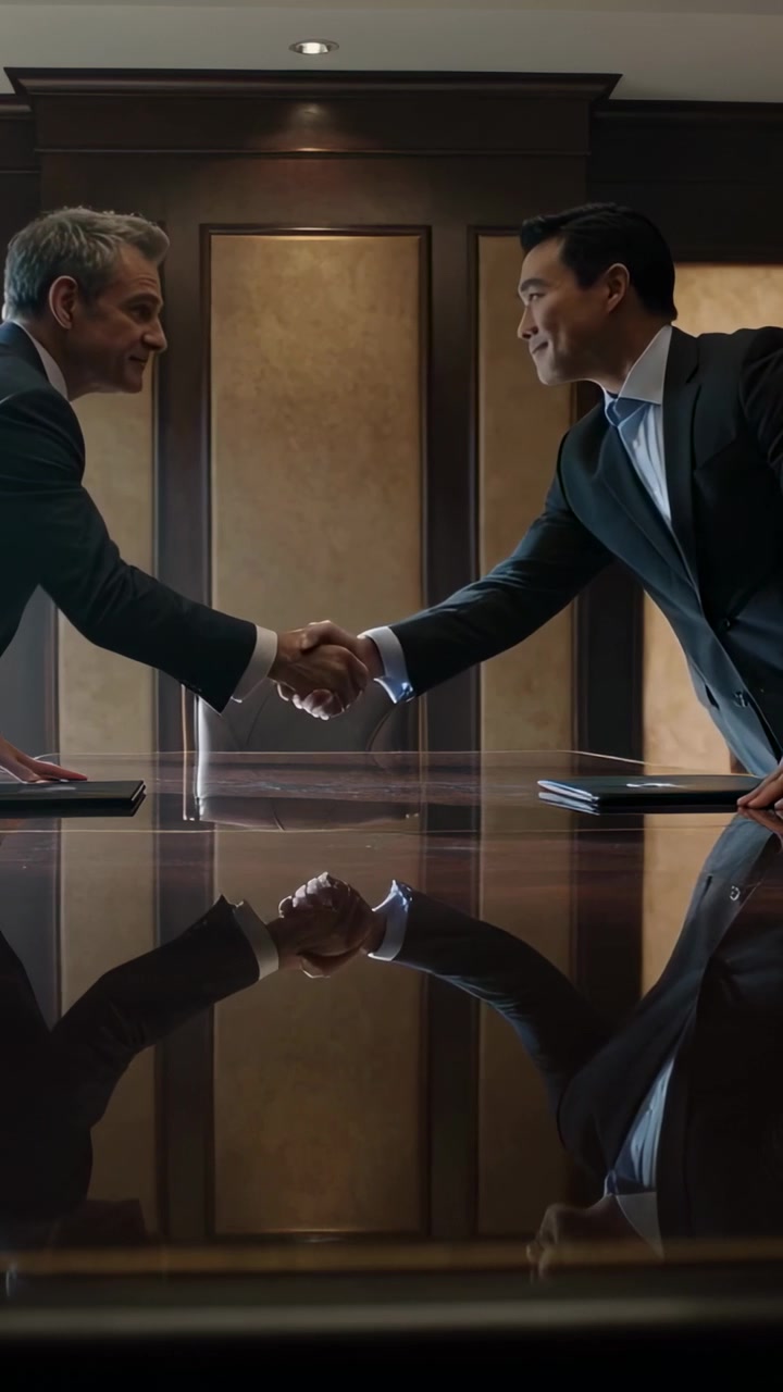 Vertical video: Shaking hands, 2 men in suits leaning over boardroom table after deal, with folders