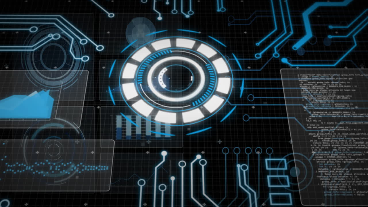 Processing data, futuristic digital interface animating over circuit board background