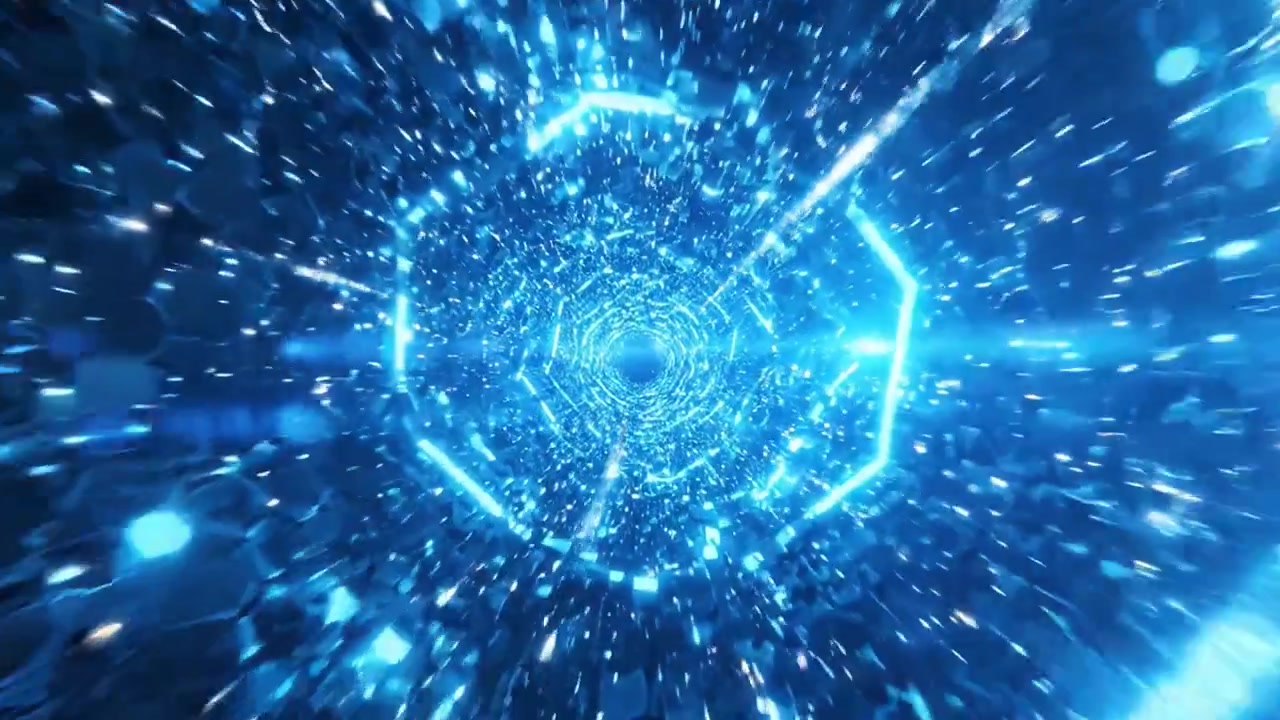 A Captivating Journey Through a Mesmerizing Blue Hyperspace Tunnel Filled with Sparkling Light Reflections and Geometric Shapes