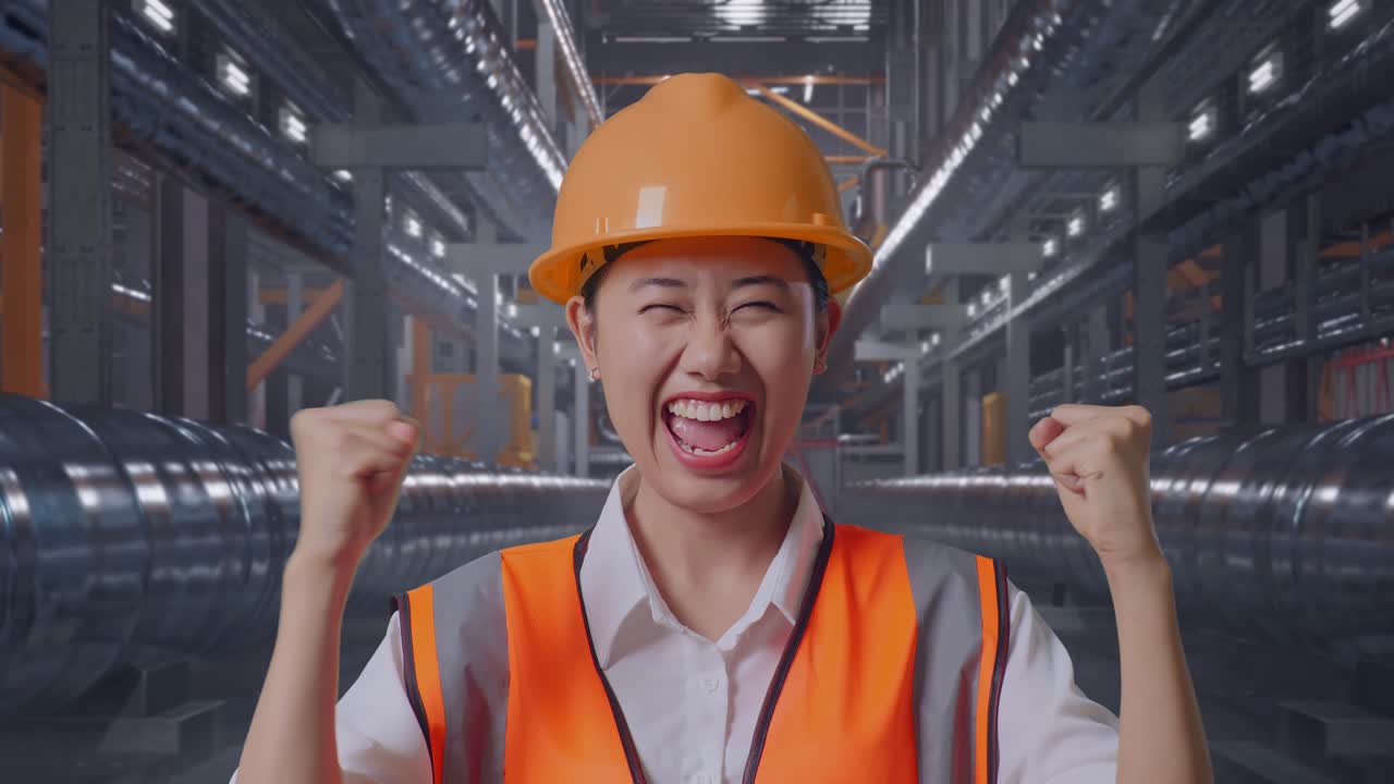 Close Up Of Asian Female Engineer With Safety Helmet Screaming Goal Celebrating Working With Metal Pipes