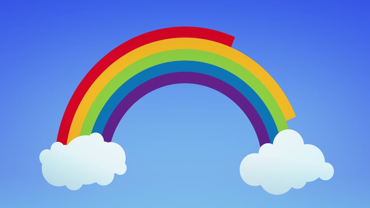 animación de arco iris y nubes blancas sobre un fondo azul.