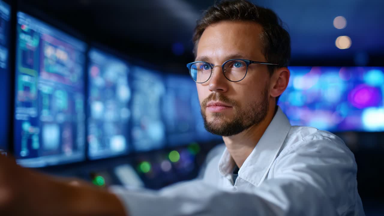 Focused Operator Analyzing Data on High-Tech Monitors in Advanced Control Room, Illustrating Modern Technology and Digital Insights in Action