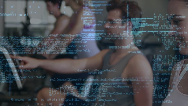Animation of data processing over people exercising in gym