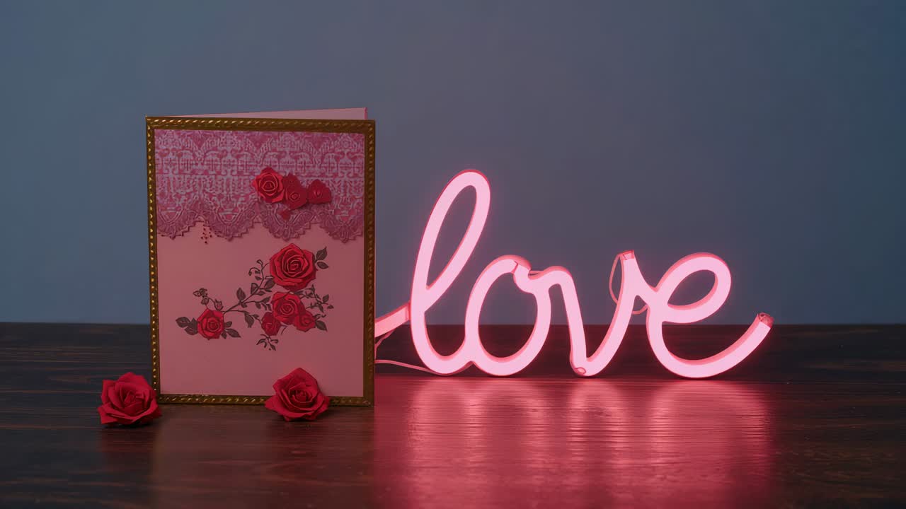 Glowing powered neon love sign and greeting card casting pink reflection on wood table