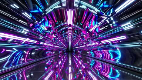 futuristic tunnel glowing with neon lights, reflecting vibrant purple and blue hues on glossy metallic surface, creating dynamic sci fi architectural atmosphere