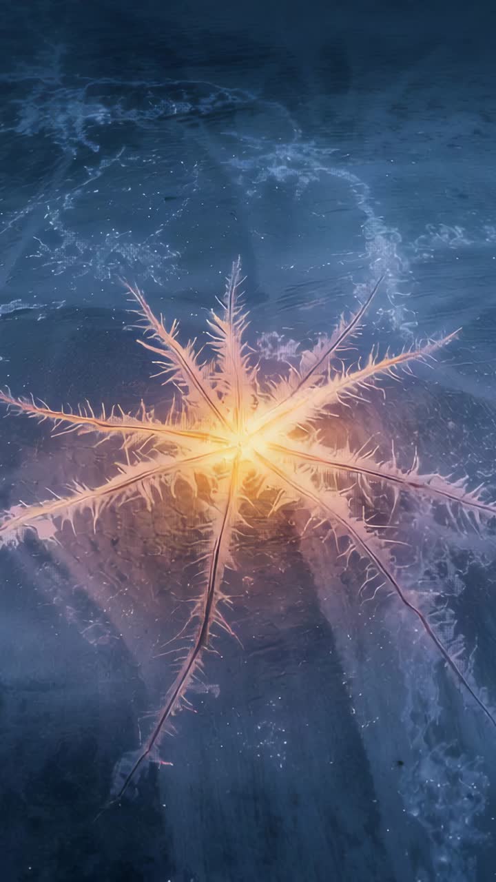 Vertical video: Appearing golden spiky star pulsing above shallow shoreline, responding to surf