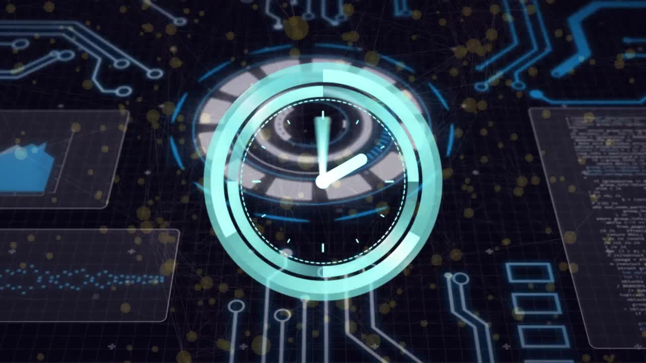 animación de un reloj que se mueve rápidamente sobre el escaneo del alcance y la placa de circuitos informáticos