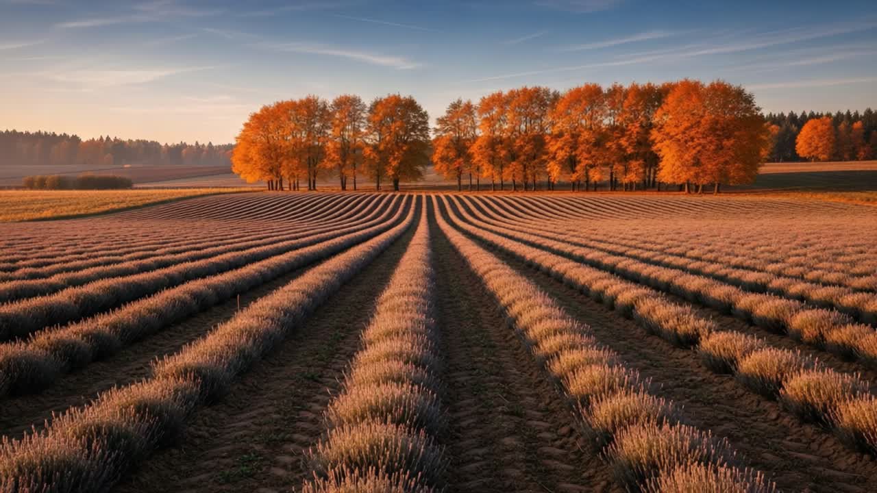 Captivating Autumn Landscape with Radiant Lavender Fields Under a Clear Blue Sky and Vibrant Trees Aligning the Horizon at Sunset