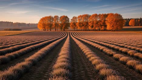 Captivating Autumn Landscape with Radiant Lavender Fields Under a Clear Blue Sky and Vibrant Trees Aligning the Horizon at Sunset