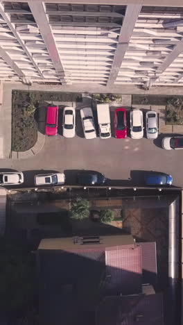 aerial view of parking lot and apartment building