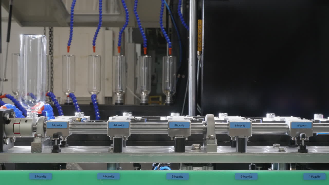 A piece of a technological process of how plastic bottles are made from plastic PET preforms