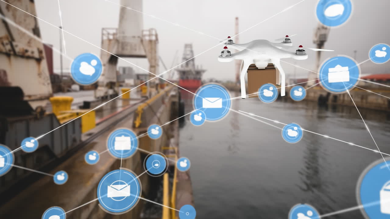 animación de drone con caja de cartón y red de conexiones con iconos sobre el puerto.