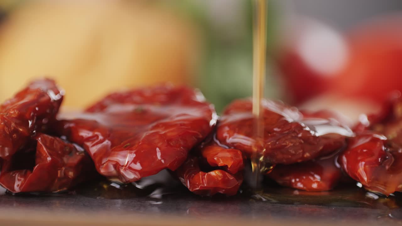 Dried tomatoes close up, Italian restaurant with traditional food, Spanish cuisine, delicious tapas and white wine, bruschetta with cheese, olives dry tomatoes and tasty sandwich bar appetizer, buffet