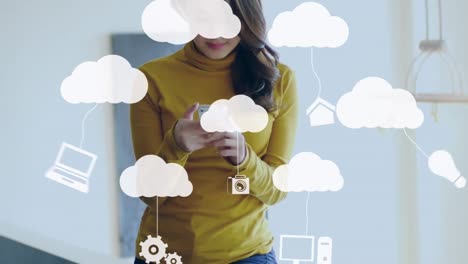 Animation-of-clouds-and-media-icons-over-woman-using-smartphone