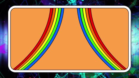 Animation-of-orange-panel-with-two-rainbow-stripes-moving-over-glowing-network-and-lights-on-black